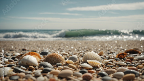 seashells close-up on the beach. Surf in the background. Selective focus. Free space for text.