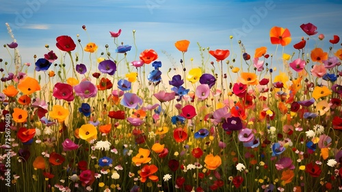 Field of poppies and daisies, panoramic view
