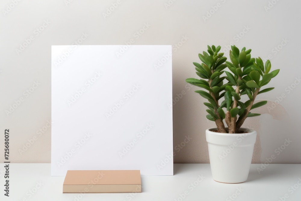 Blank paper copy space template with minimalist interior potted plant decoration on wall background. Stationary mock up.