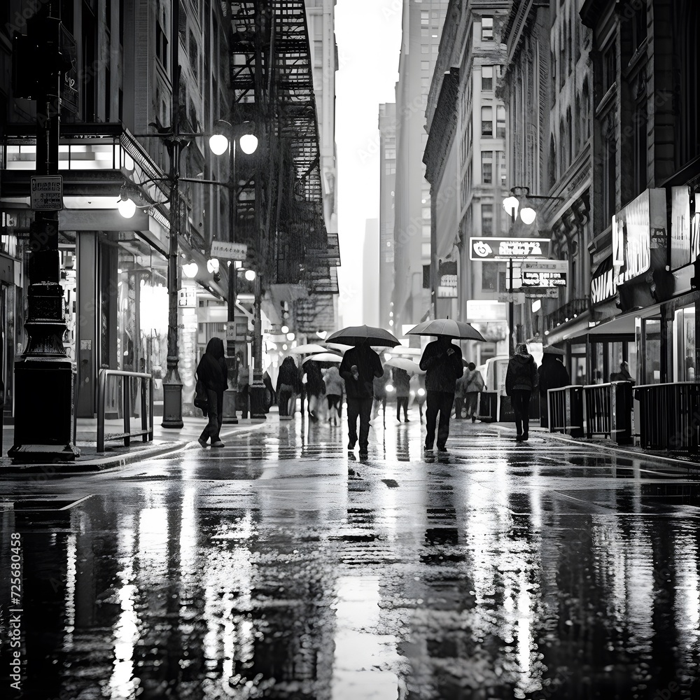 People walking on a rainy day in New York City, USA.