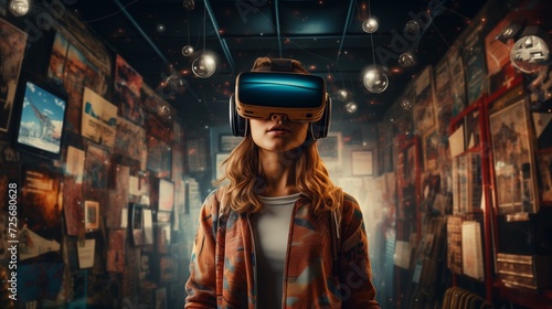 Young woman in a VR headset explores the metaverse's virtual space. Gaming and futuristic entertainment concept