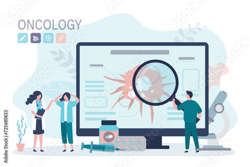 Group of doctors researching human cancer cell on monitor screen. Doctor talking sick woman about checkup and treatment. Doctor, nurse with test tubes and microscope.