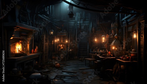 Old blacksmiths workshop at night. 3d render illustration.