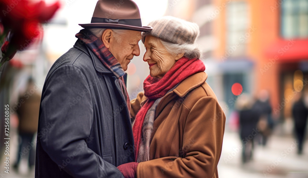An elderly retired couple in love stands in the middle of the street holding hands on Valentine's Day.