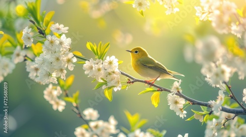 Spring natural world flowers flora and fauna. Blossoms, treesm air, sunlight warm weather birds leaves beauty. banner copy space greeting card wallpaper background.