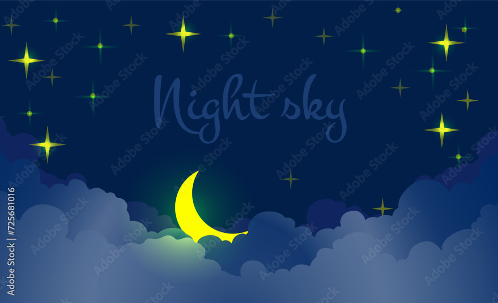 The night sky with fluffy clouds,bright stars and a sleeping crescent in the spirit of the magic of oriental fairy tales and a dreamy atmosphere.Flat design for wallpaper, postcard.Vector illustration