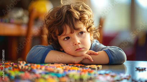 A brooding lonely boy is sitting at a desk with a mountain of pieces of colored puzzles. Behavior of children with autism syndrome photo