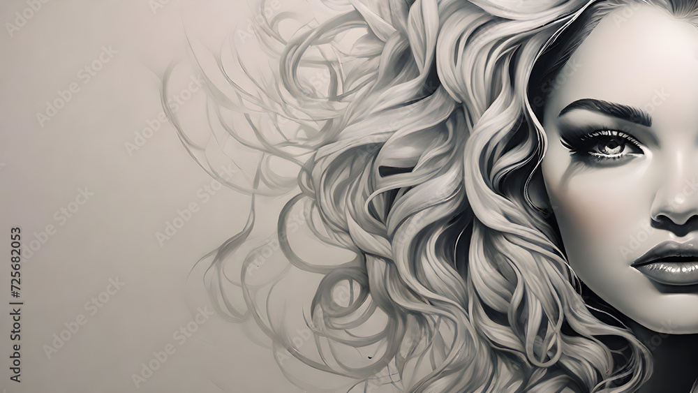 Image of a woman with abundant hair expressed in pencil. generative AI. Image of a woman with abundant hair expressed in pencil. generative AI.