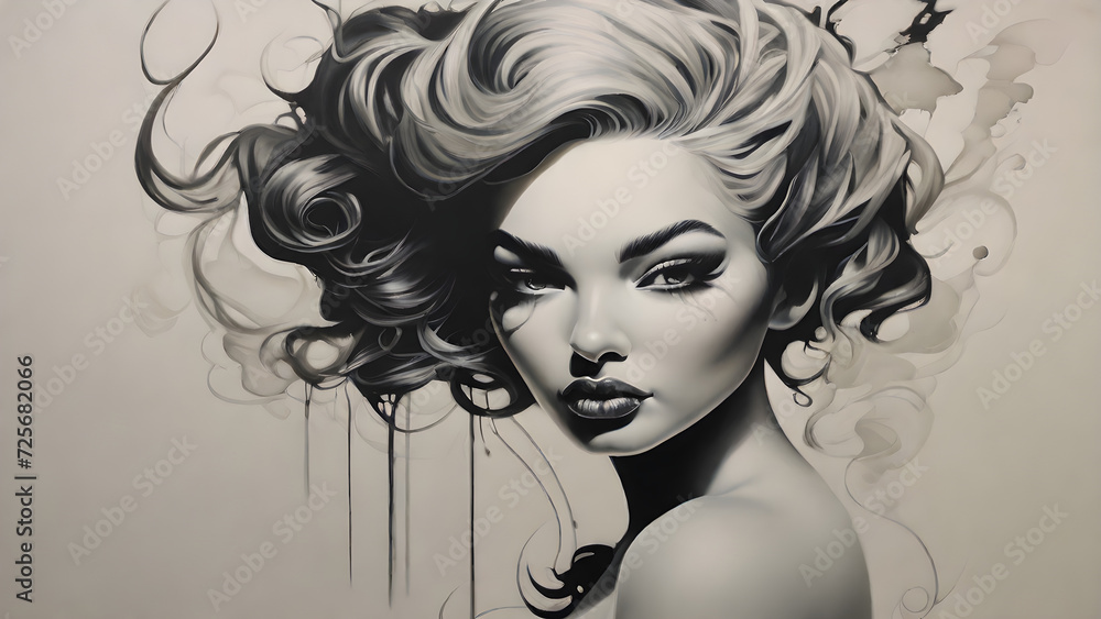 Image of a woman with abundant hair expressed in pencil. generative AI. Image of a woman with abundant hair expressed in pencil. generative AI.