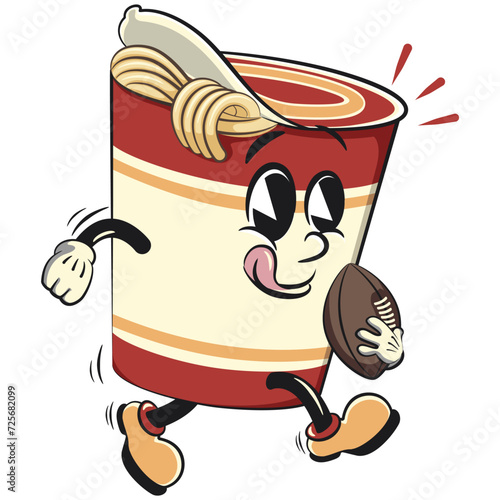 vector isolated clip art illustration of cute instant noodles cup mascot playing american football with an oval ball, work of handmade
