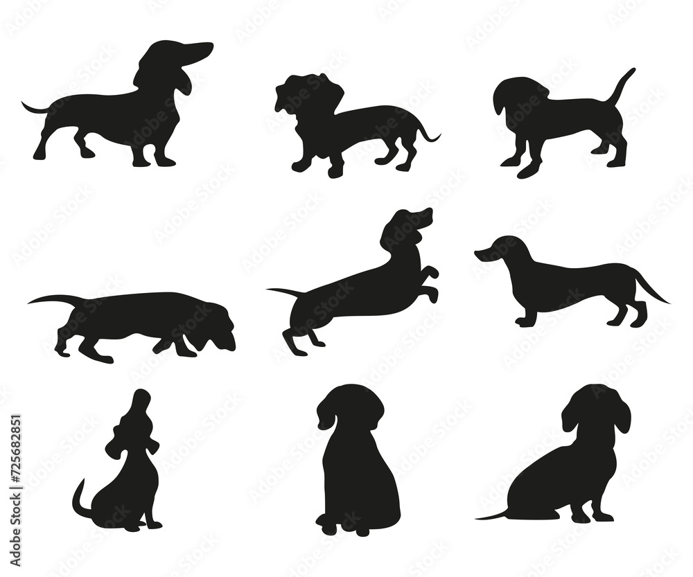 set of Dachshund silhouettes,  wiener dog small breed in different poses vector icons