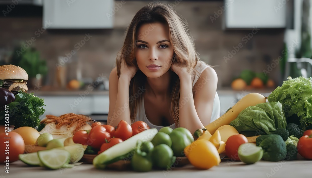 Beauty portrait of a sports woman surrounded by various healthy food lying on the floor. Healthy eat Beauty portrait of a sports woman surrounded by various healthy food lying on the floor. Healthy eat