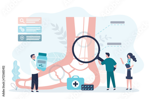 Giant human leg with trauma. Broken leg, traumatologist appointment. Group of traumatologists researching, diagnosis and help. Treatment, health care.