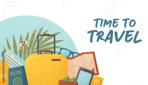 time to travel banner design, illustration with passport, ticket, suitcase, wallet, template for website, tourism, vacation background