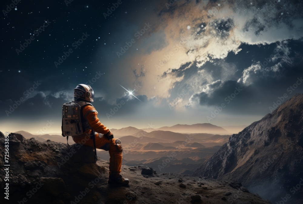 Amidst the rugged terrain, an intrepid astronaut gazes up at the twinkling stars, basking in the beauty of the expansive night sky during a peaceful outdoor hike through the majestic mountains Amidst the rugged terrain, an intrepid astronaut gazes up at the twinkling stars, basking in the beauty of the expansive night sky during a peaceful outdoor hike through the majestic mountains