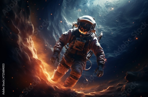 Amidst the vast expanse of space, a brave astronaut races through a digitally composed landscape, bringing to life the thrilling action of an adventure game and the intensity of an action film, all i © svastix