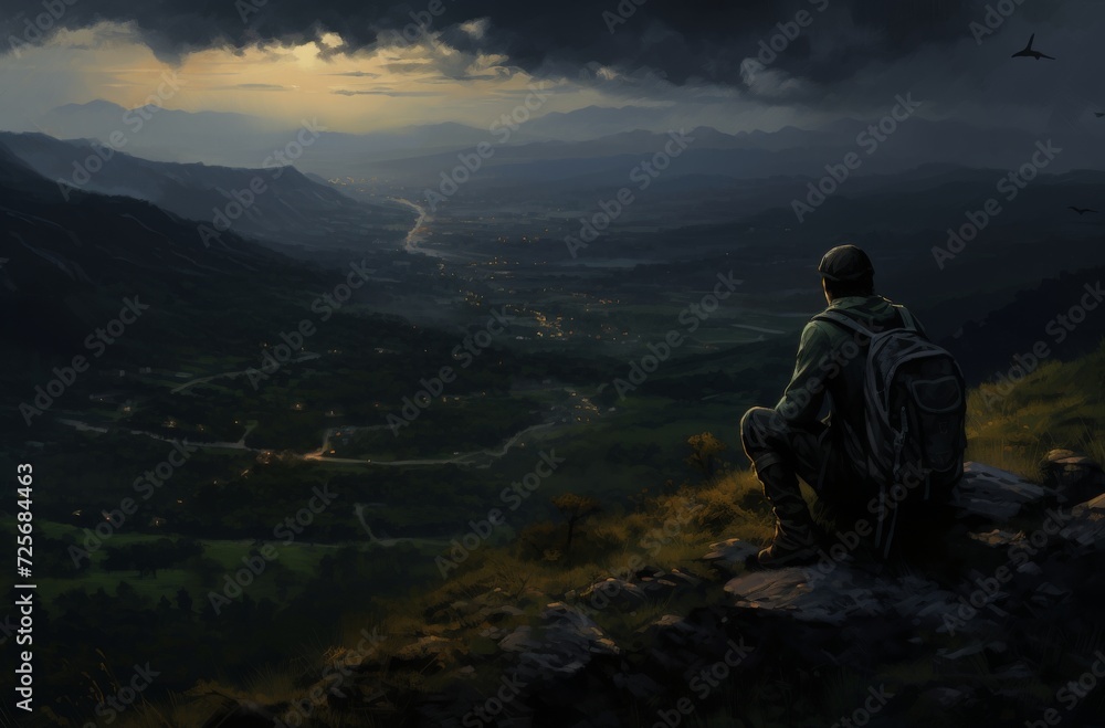 Fototapeta premium A lone figure contemplates the vastness of the world, surrounded by billowing clouds and endless skies, in the midst of an outdoor adventure amidst the rugged beauty of a mountainous landscape