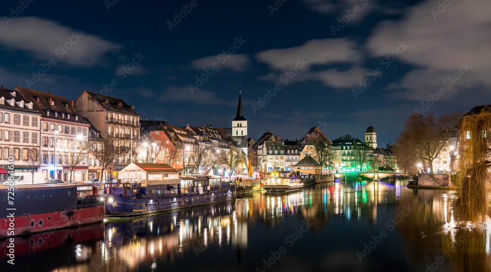 Strasbourg at the Ill river at night in Alsace, France