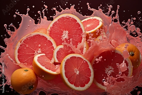 background of fruit slices flying in the air with splashes of water on a pink background