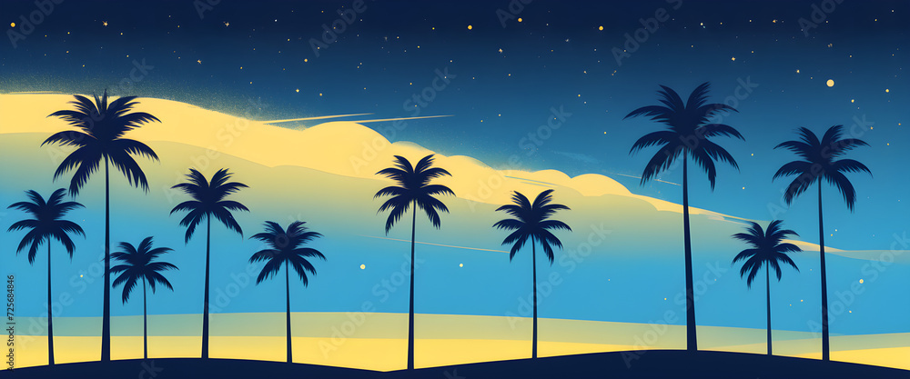 illustration of Tropical Palm Trees Silhouetted Against a Starry Twilight Sky