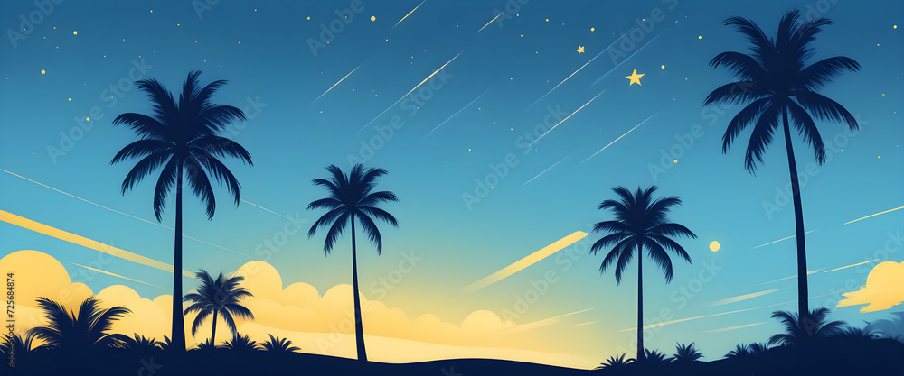 illustration of Tropical Palm Trees Silhouetted Against a Starry Twilight Sky