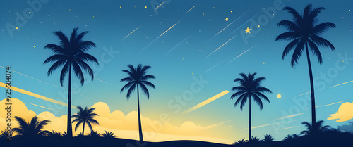 illustration of Tropical Palm Trees Silhouetted Against a Starry Twilight Sky © PLATİNUM