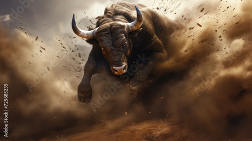 Photo of angry horned bison buffalo against thick dust background. 