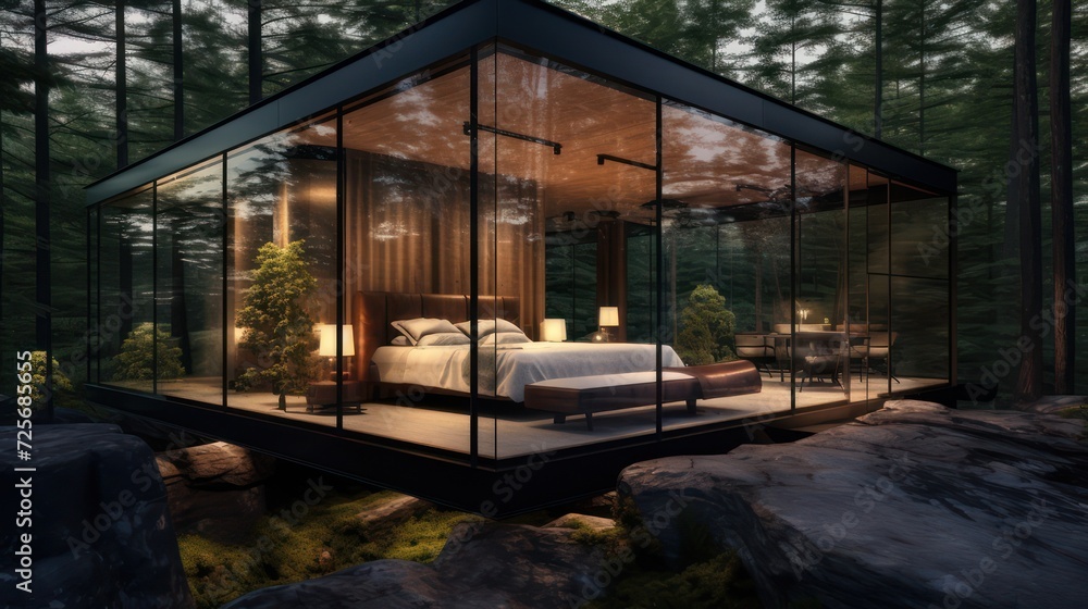 Fototapeta premium Glass cabin outdoors in the forest, with modern and contemporary architecture 