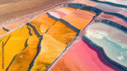 Vibrant evaporation ponds from lithium mining, seen from above photo