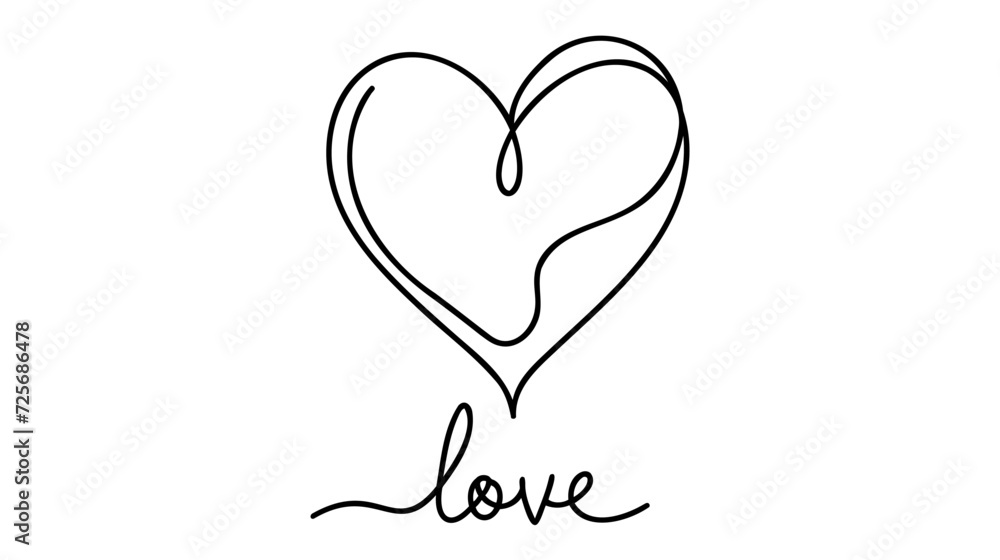 One line drawing. Handwritten word love with doodle heart shape. Lettering outline. One line drawing. Handwritten word love with doodle heart shape. Lettering outline.