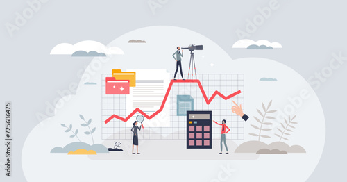 Market trend analysis tools for information research tiny person concept. Financial market forecast, calculation or economical statistics vector illustration. Business reports with profit or earnings