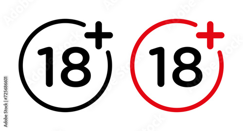 18 Plus icon set. Adult Plus Age Circle vector symbol in a black filled and outlined style. Eighteen years limit sign. photo