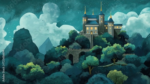 grungy noise texture art, ancient castle on forest hill in night time , whimsical fantasy fairytale contemporary creative illustration, Generative Ai