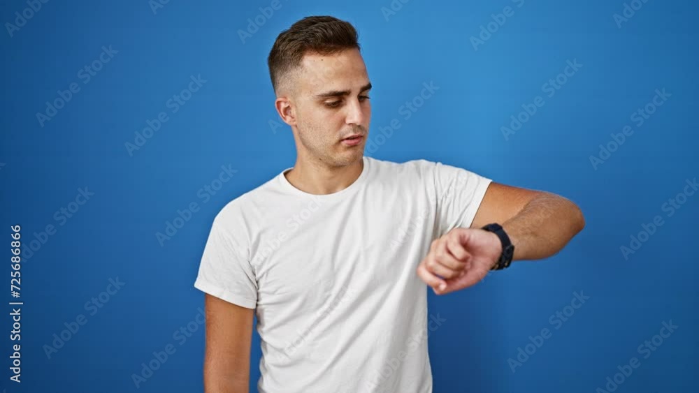 A young hispanic man in a white shirt poses with various expressions against an isolated blue background. A young hispanic man in a white shirt poses with various expressions against an isolated blue background.