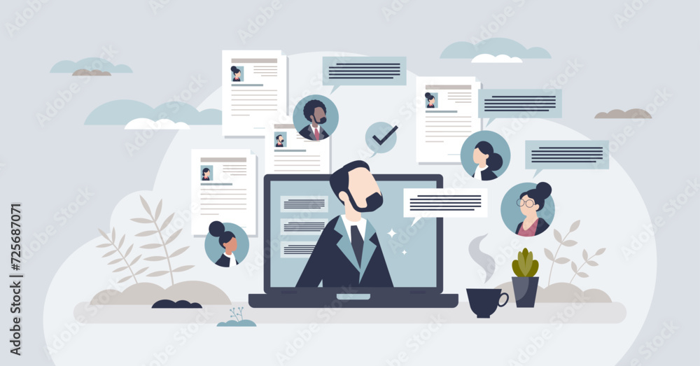 Remote hiring and online job interview with CV research tiny person concept. Human resources work with distant meetings for new employee and personnel vector illustration. Vacancy search strategy. - obrazy, fototapety, plakaty 