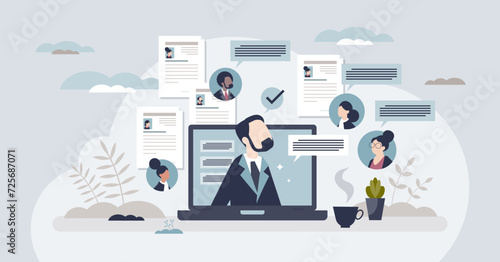 Remote hiring and online job interview with CV research tiny person concept. Human resources work with distant meetings for new employee and personnel vector illustration. Vacancy search strategy. photo
