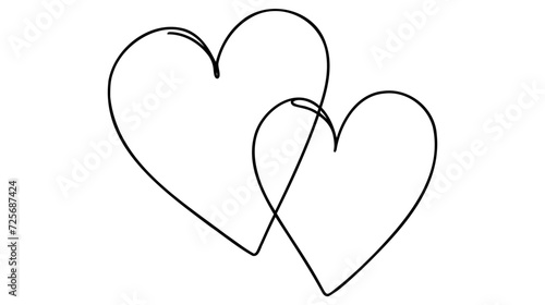 Continuous line drawing of love sign with two hearts embrace minimalism design on white background.