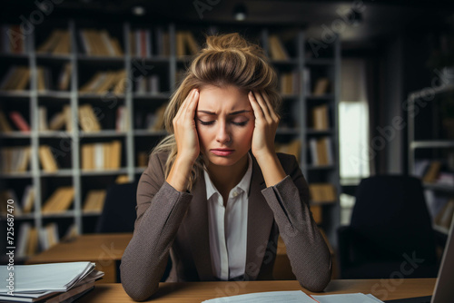 A businesswoman has migraine in an office, cowcatcher photo