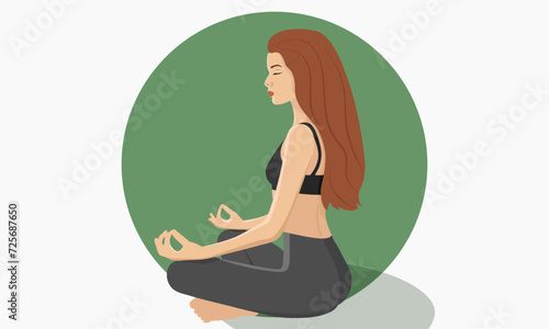 Silhouette of a woman meditating in the lotus position. Redhead. Yoga character in Faceless style. Vector illustration.