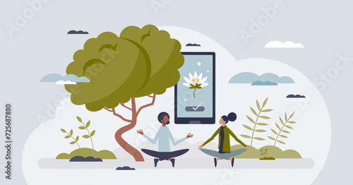 Mindfulness apps for meditation or mental relaxation tiny person concept. Calm breathing music for yoga practice vector illustration. Smartphone program for tranquility training. Application to relax