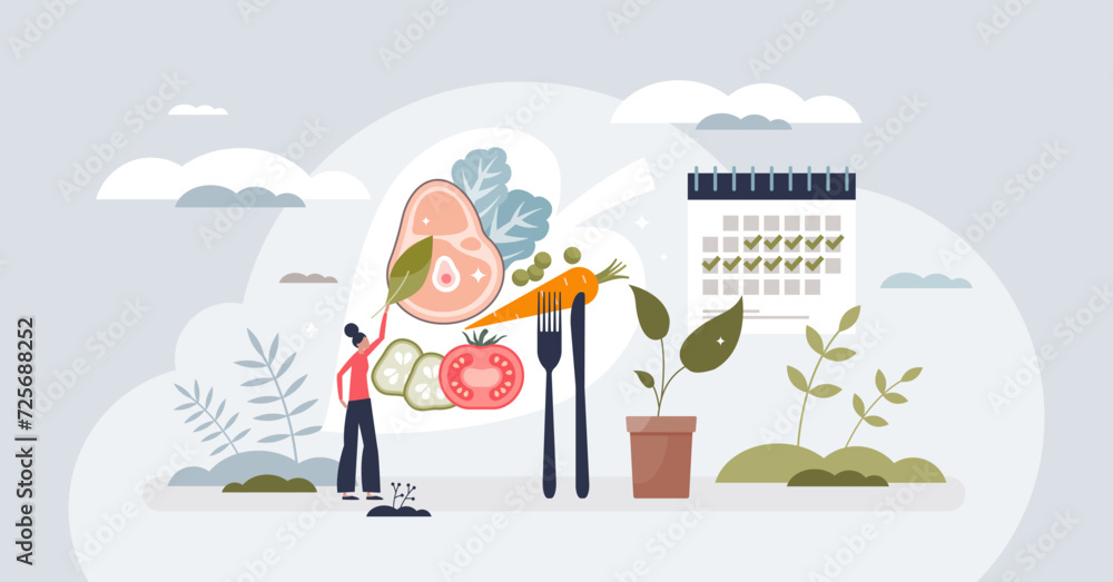 Organic meal plans with healthy eating menu planning tiny person concept. Dieting management with scheduled food preparation using fresh, nutritious and dietary ingredients vector illustration.