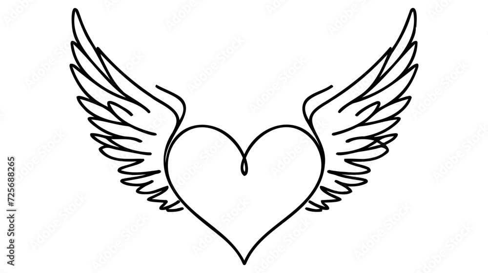 Continuous one line drawing flying heart love with wings. Romantic love. One line design vector graphic illustration. Continuous one line drawing flying heart love with wings. Romantic love. One line design vector graphic illustration.