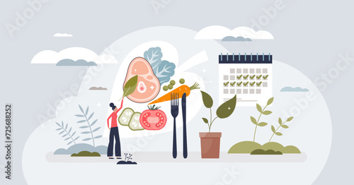 Organic meal plans with healthy eating menu planning tiny person concept. Dieting management with scheduled food preparation using fresh, nutritious and dietary ingredients vector illustration.