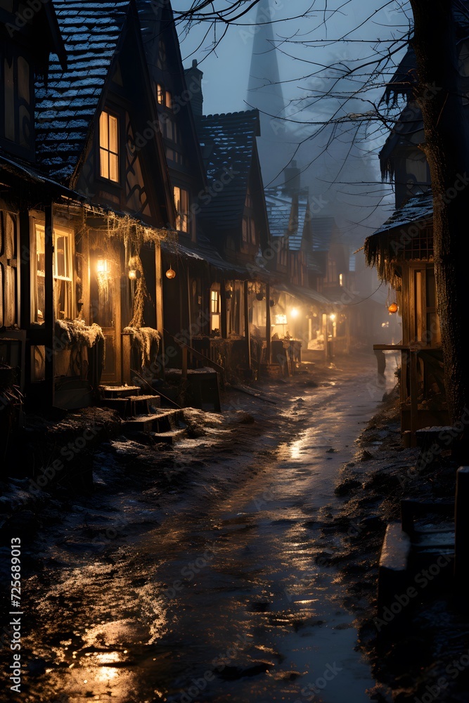 Old european houses at night in winter. Long exposure.