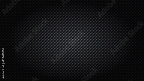 Carbon background wide. Realistic fiber texture. Dark futuristic backdrop with shadow. Metal cells design. Black composite material. Modern technology wallpaper. Vector illustration.