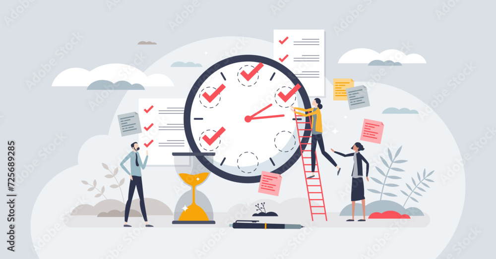 Quick tasks as effective and fast work schedule plan tiny person concept. Clock with hourly deadline for little goals vector illustration. Productive process management with short priority steps. - obrazy, fototapety, plakaty 
