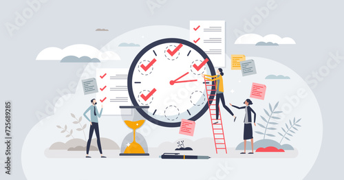 Quick tasks as effective and fast work schedule plan tiny person concept. Clock with hourly deadline for little goals vector illustration. Productive process management with short priority steps. photo