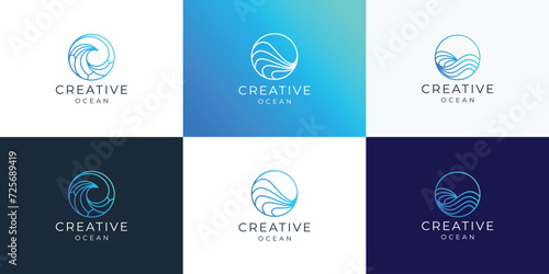 set of waves line logo design template inspiration. collection of ocean wave line style with circle shape design.