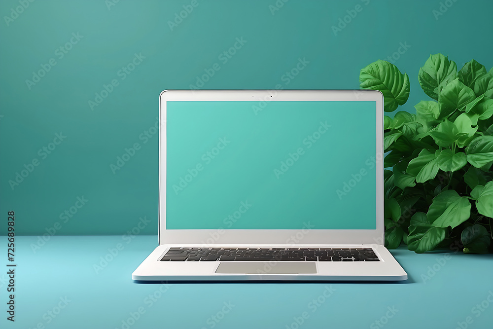 Fototapeta premium Blank green screen laptop mockup on blue background with some objects, Realistic 3D and High-Quality Render