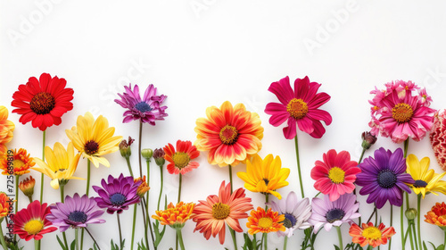 A delightful border of multicolored daisies against a pristine white background